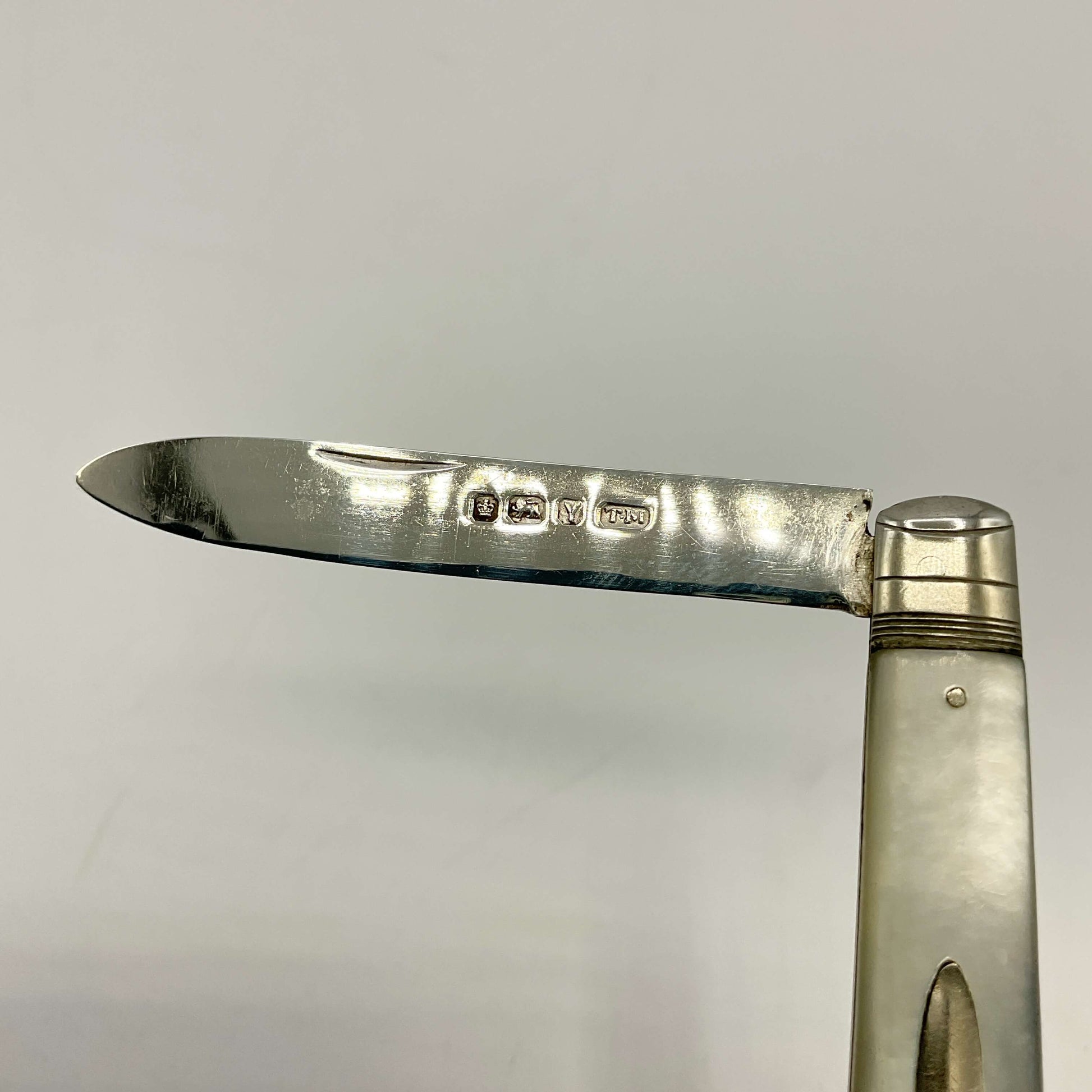 Silver fruit knife with hallmarks with a white handle on a light gray background
