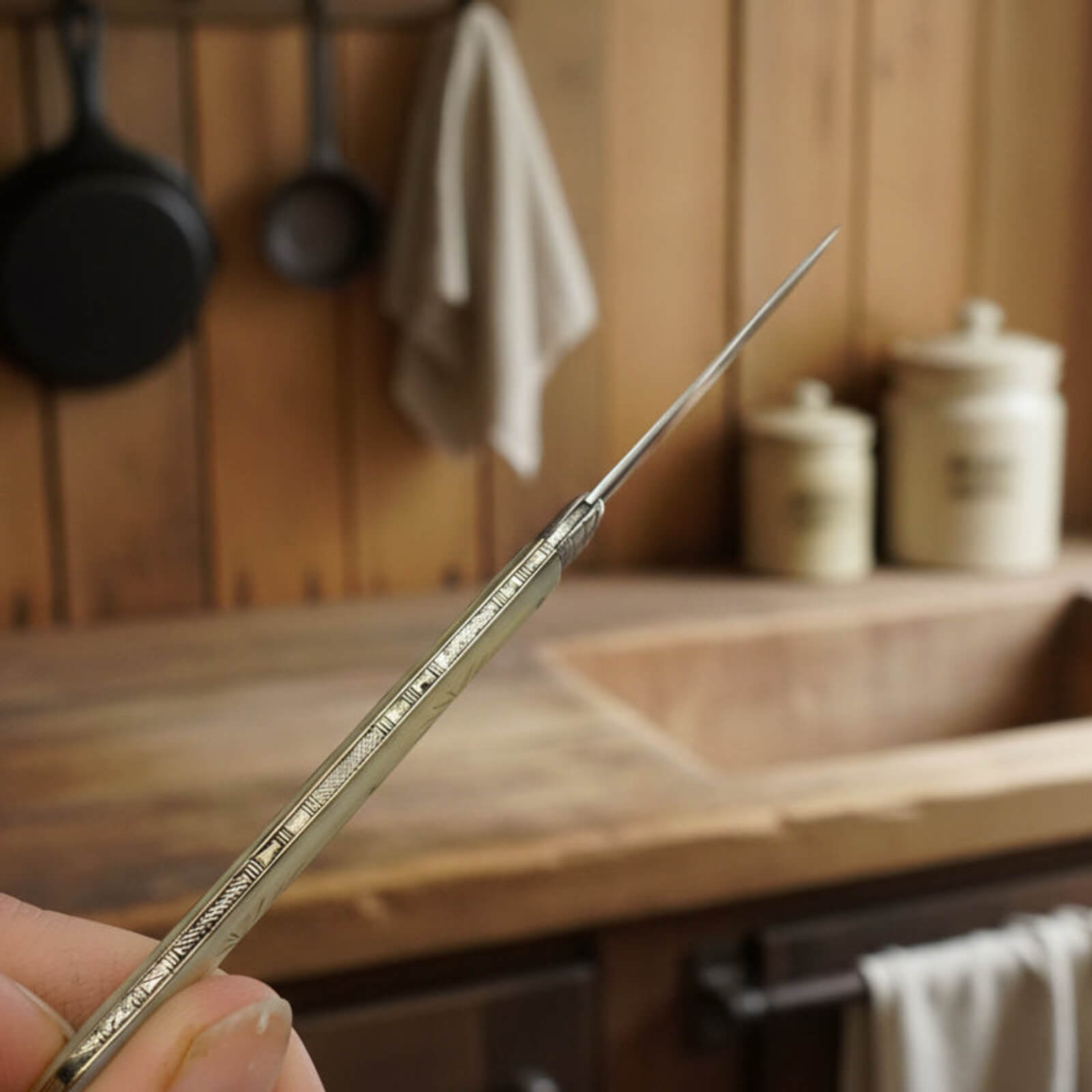 silver fruit knife in a hand with a rustic kitchen background