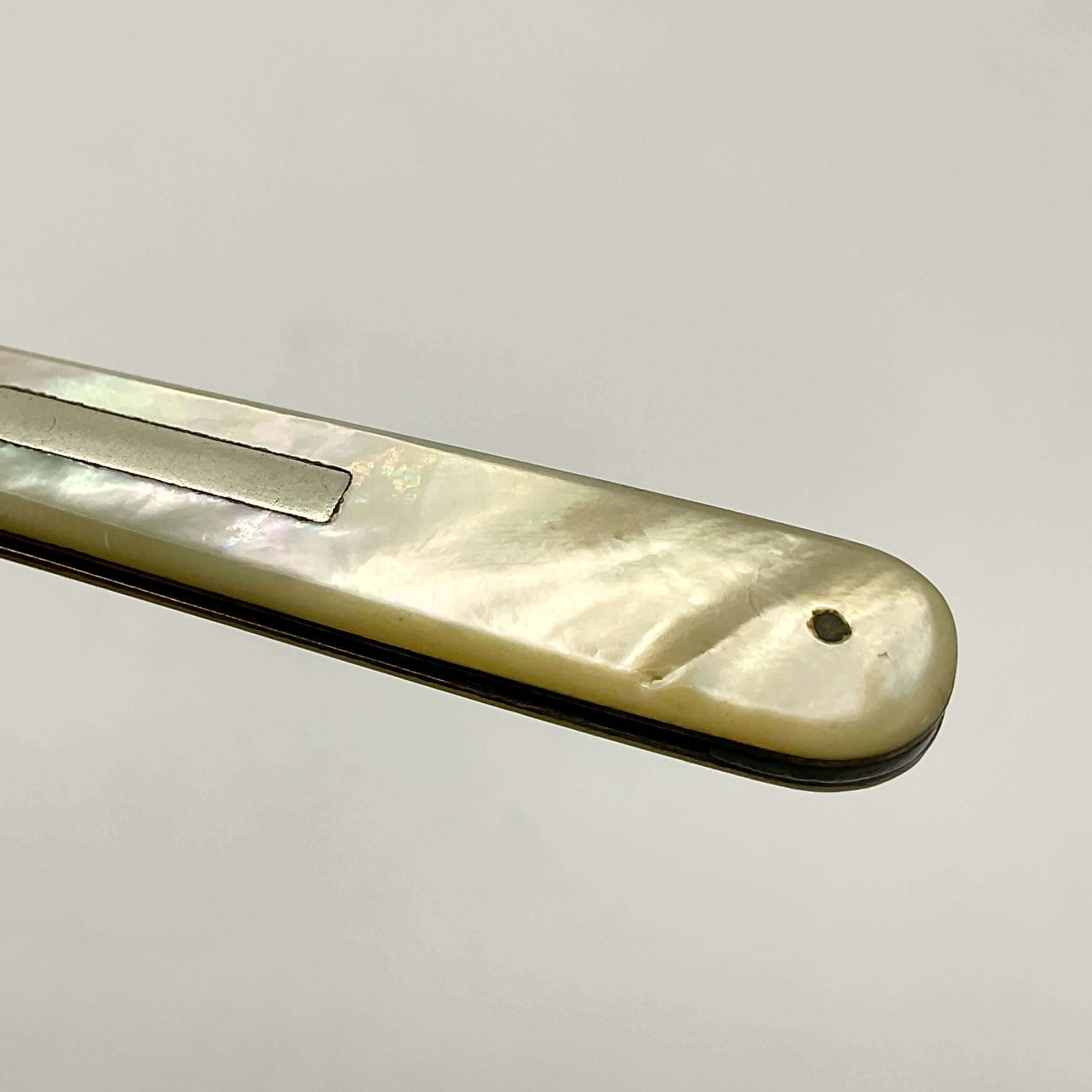 Close-up of a knife handle with a silver blade on a light gray background