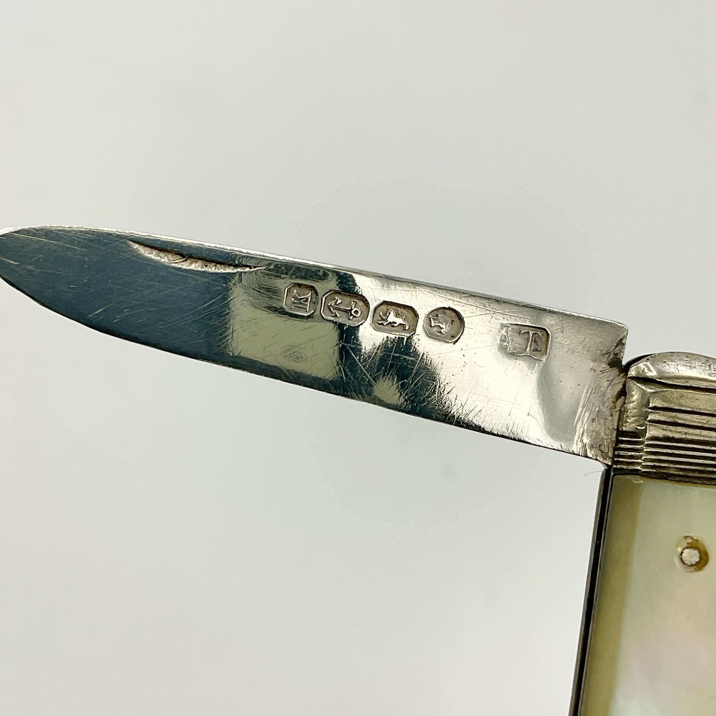 Close-up of a silver pocket knife blade with engraved details on a white background
