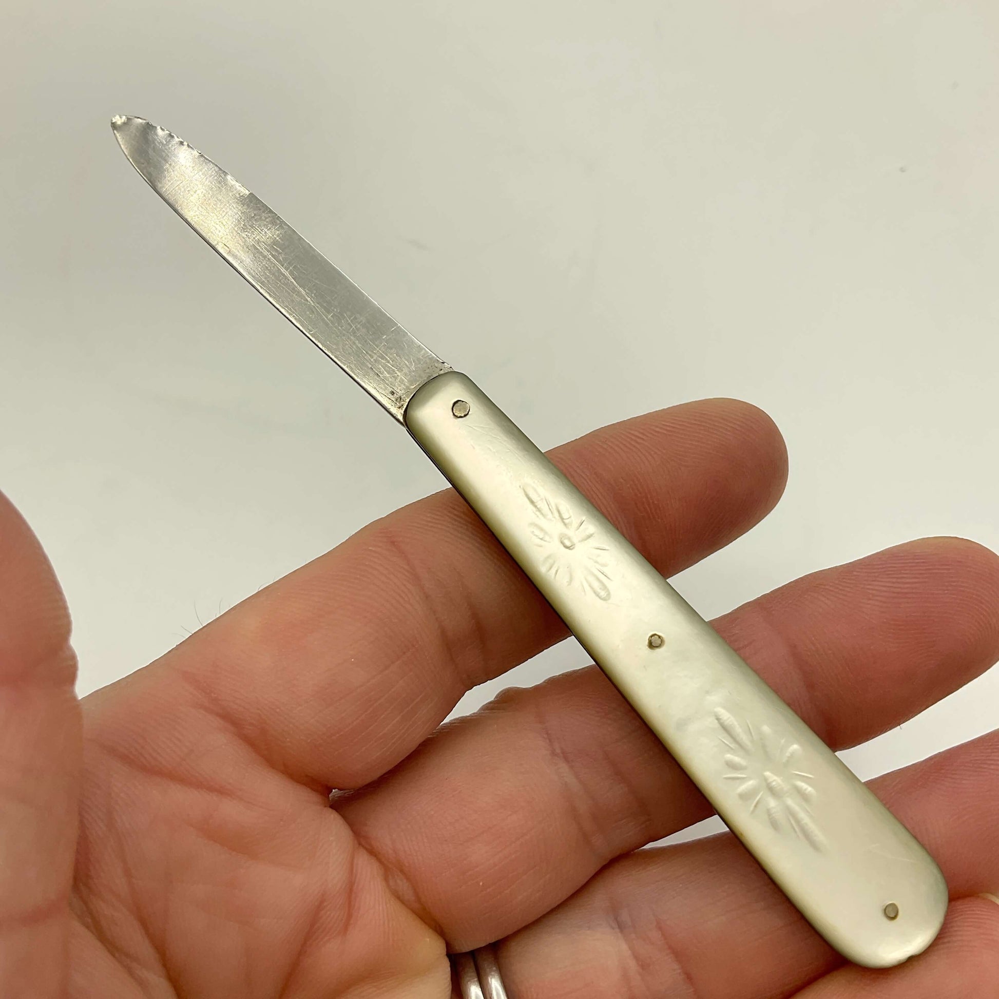 Hand holding a small fruit knife with decorative handle against a plain background