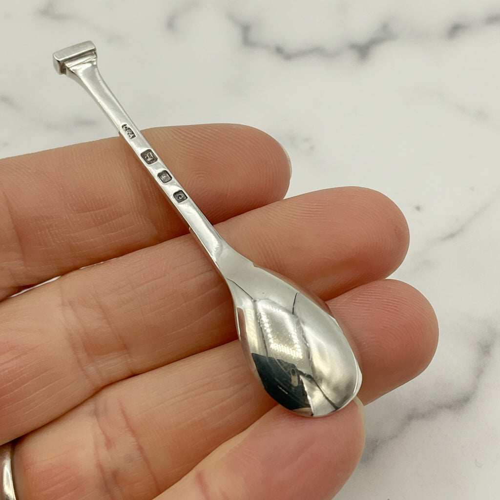 Silver salt spoon held between fingers against a marble background