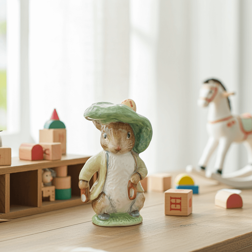 Toy rabbit figurine with a green hat on a wooden surface with toys in the background