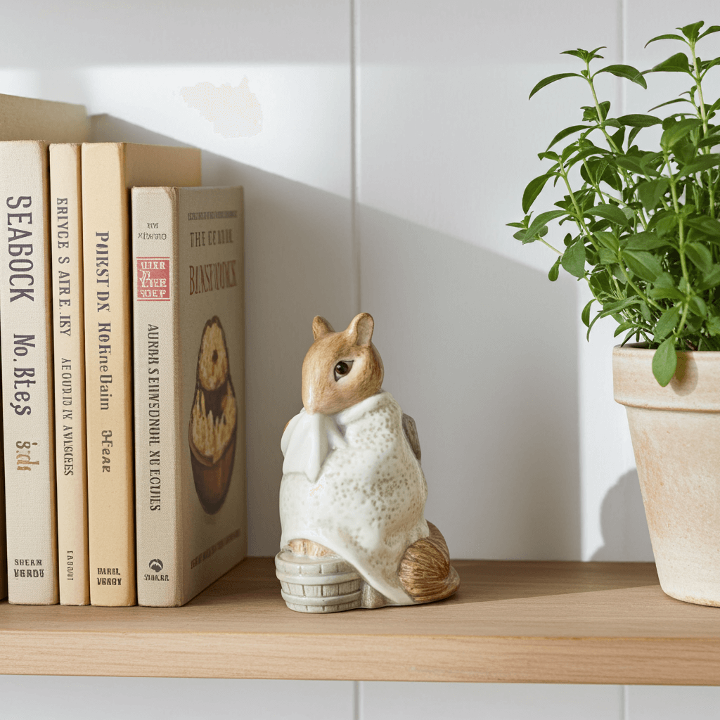 Decorative squirrel figurine on a shelf with books and a plant