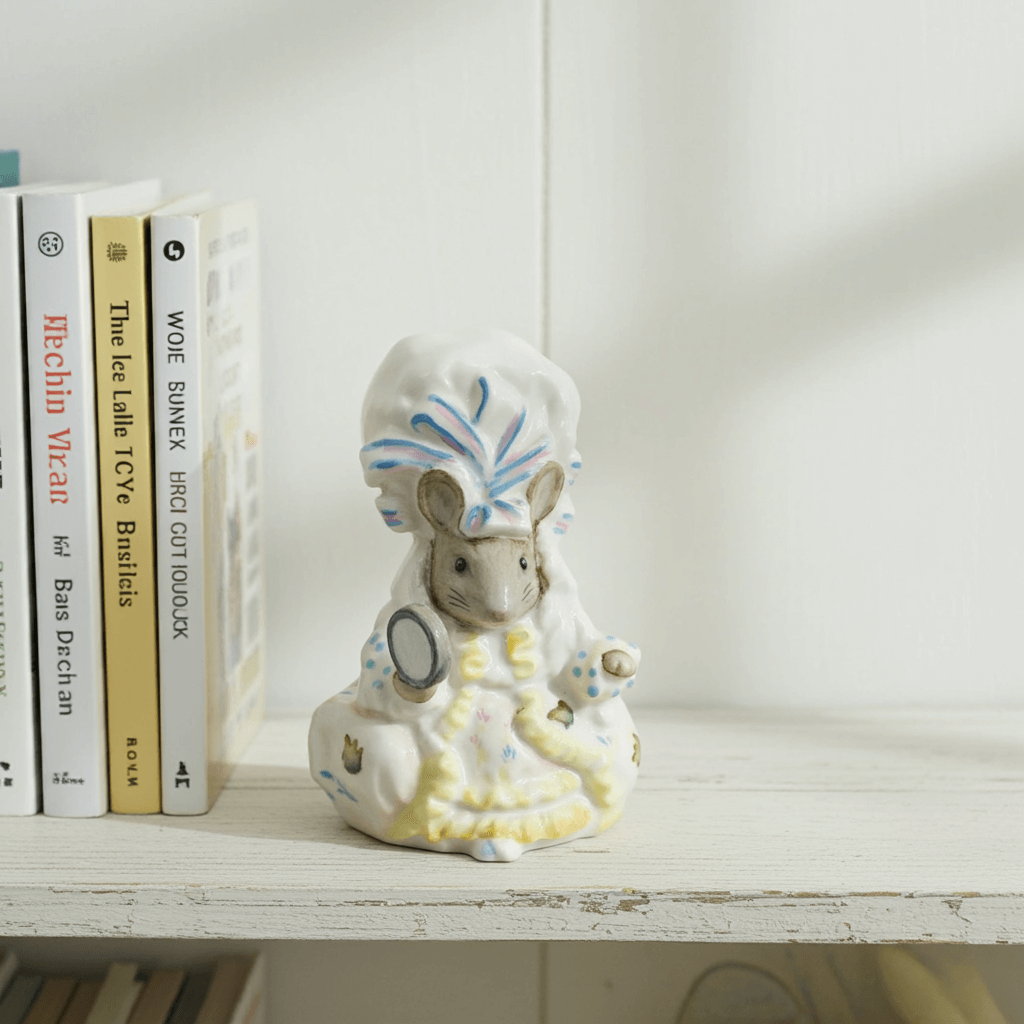 Decorative figurine of a mouse in a dress looking ar a mirror on a shelf with books.