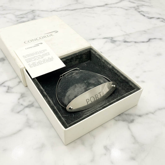 Concorde Port Sterling Silver Decanter Label in a box on a marble worktop