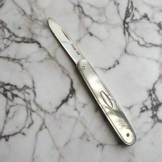 Silver fruit knife on a light marble worktop
