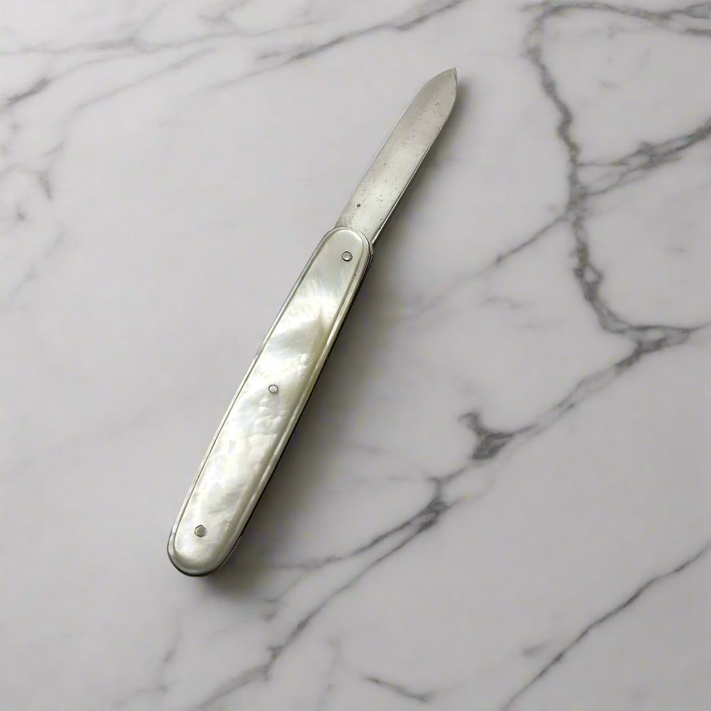 Silver folding fruit knife on a light marble background