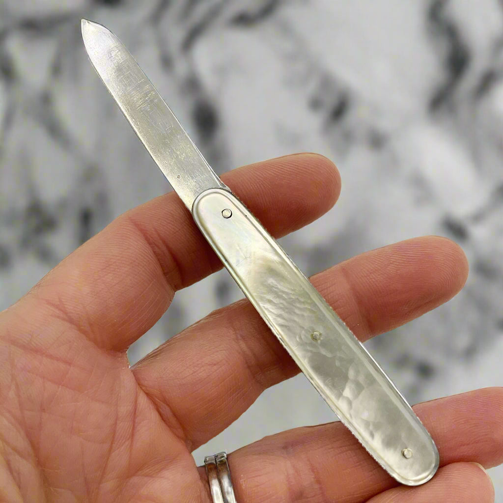 Hand holding a silver fruit knife against a marble background