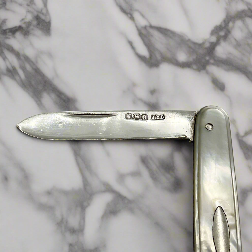 Silver fruit knife on a light marble background
