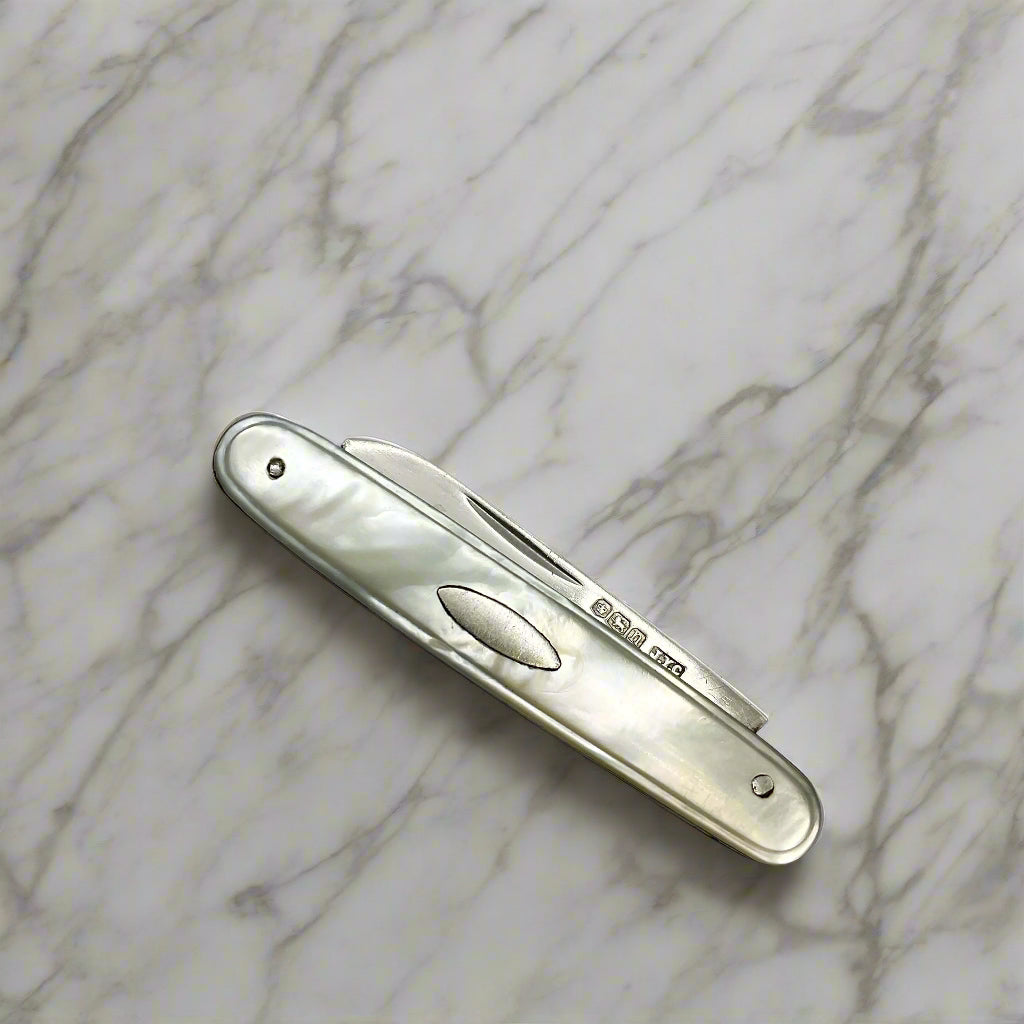 Silver fruit knife on a light marble background