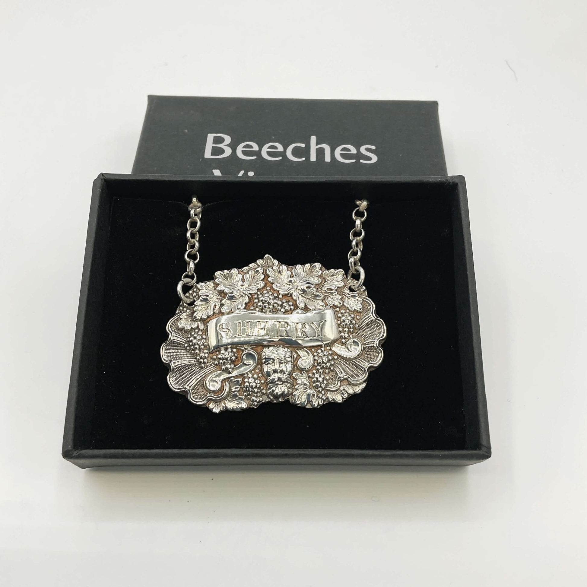Silver Sherry decanter label in a Beeches Vintage branded box on a white background