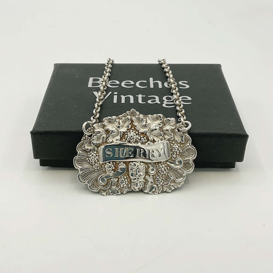 Silver 'Sherry' decanter label on a white background with a 'Beeches Vintage' box.