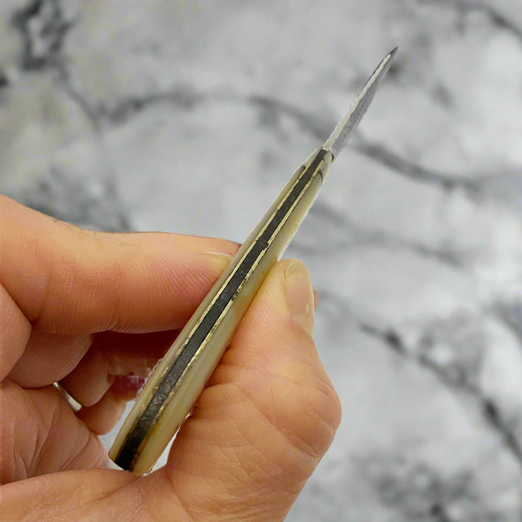 Back of fruit knife held by a hand against a marble background