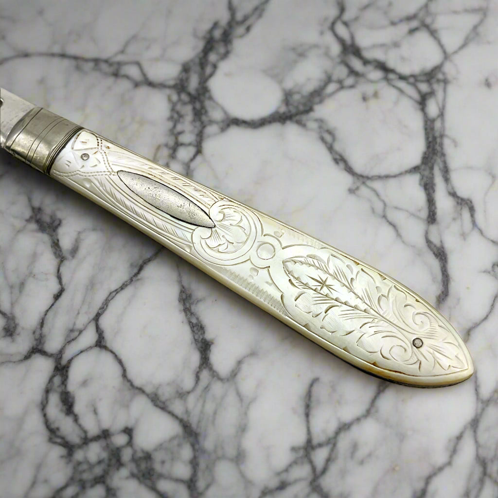Decorative silver knife mother of pearl  handle on a light marble background