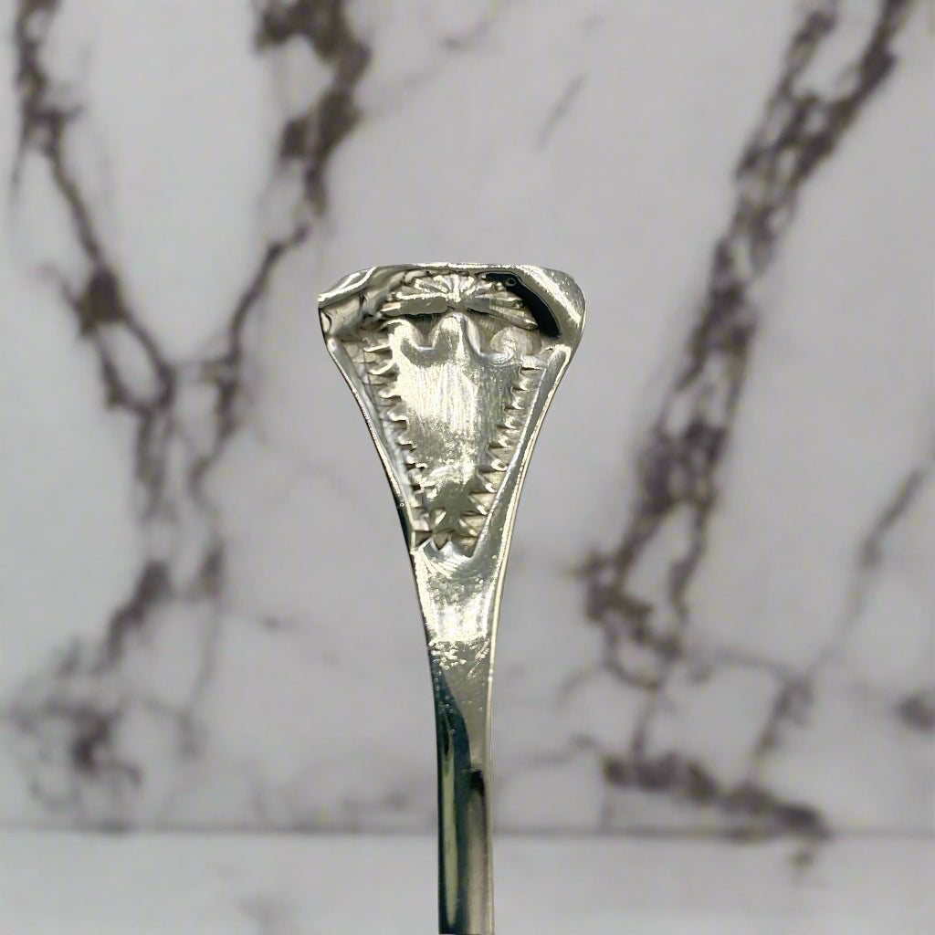 Close up of handle of silver salt spoon with a marble background 