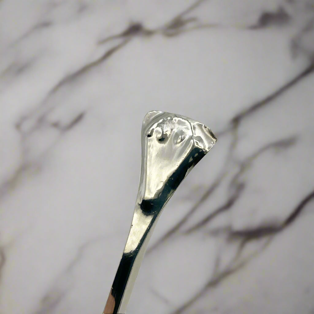Silver spoon with the back of the decorative head on a marble background