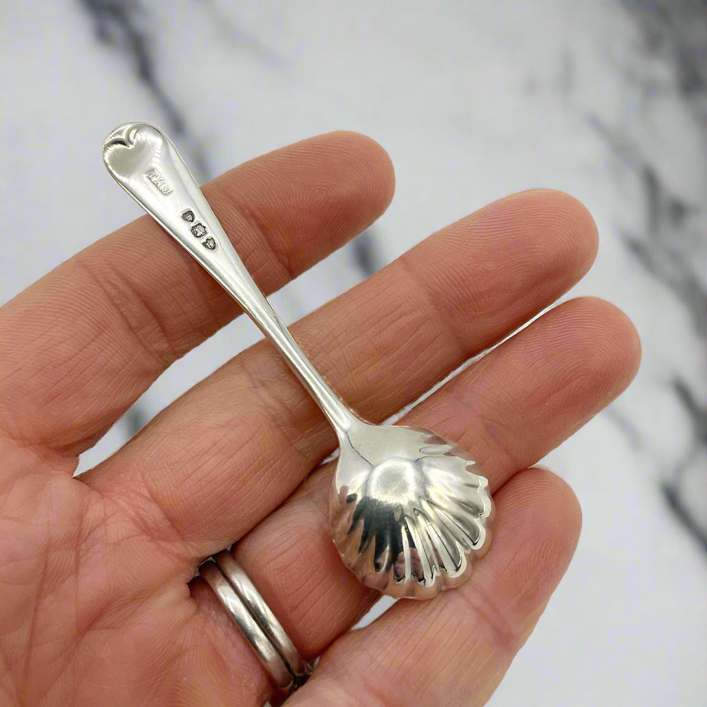 Silver shell-shaped spoon held in a hand against a marble background 