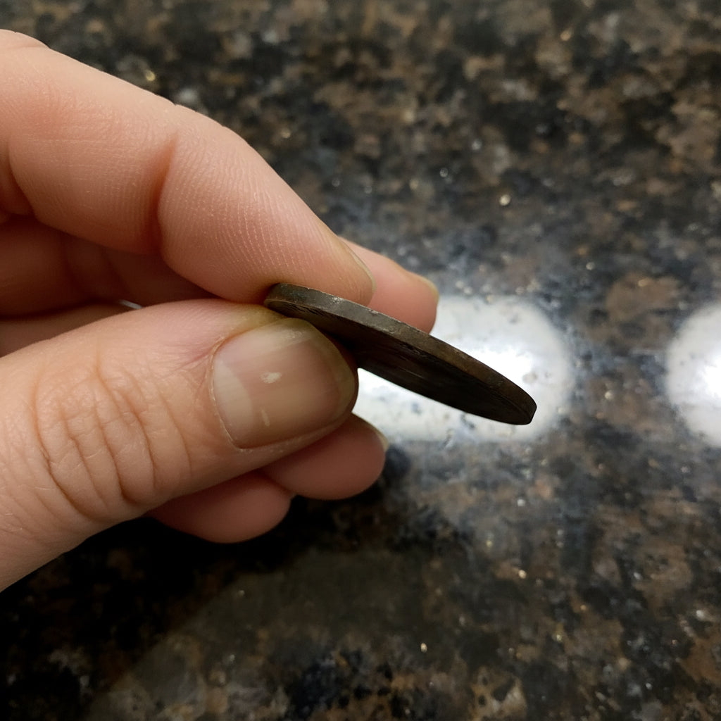 Hand holding an antique coin against a lack granite surface