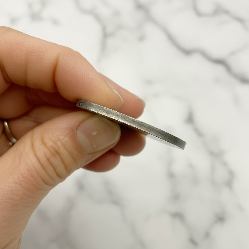 Hand holding a small metallic object against a white background