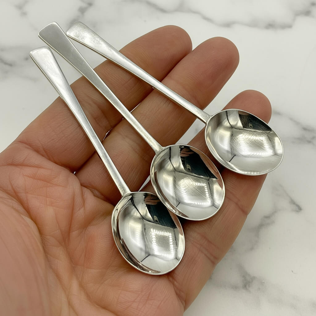 Three silver salt spoons held in a hand against a marble background