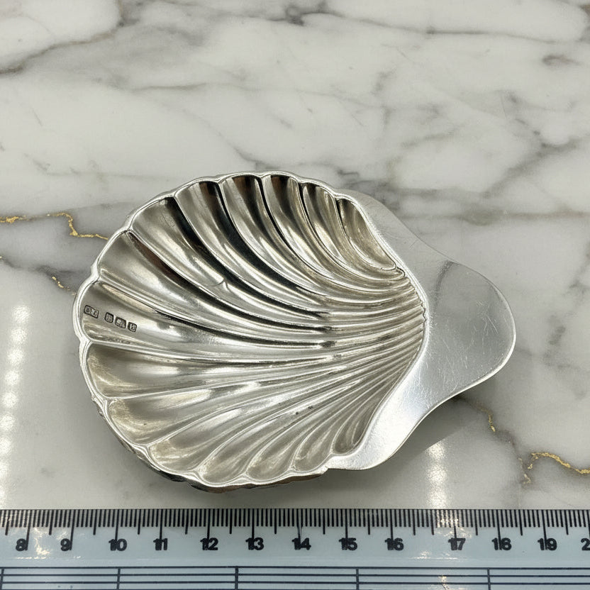 Silver shell-shaped dish next to a ruler on a marble background