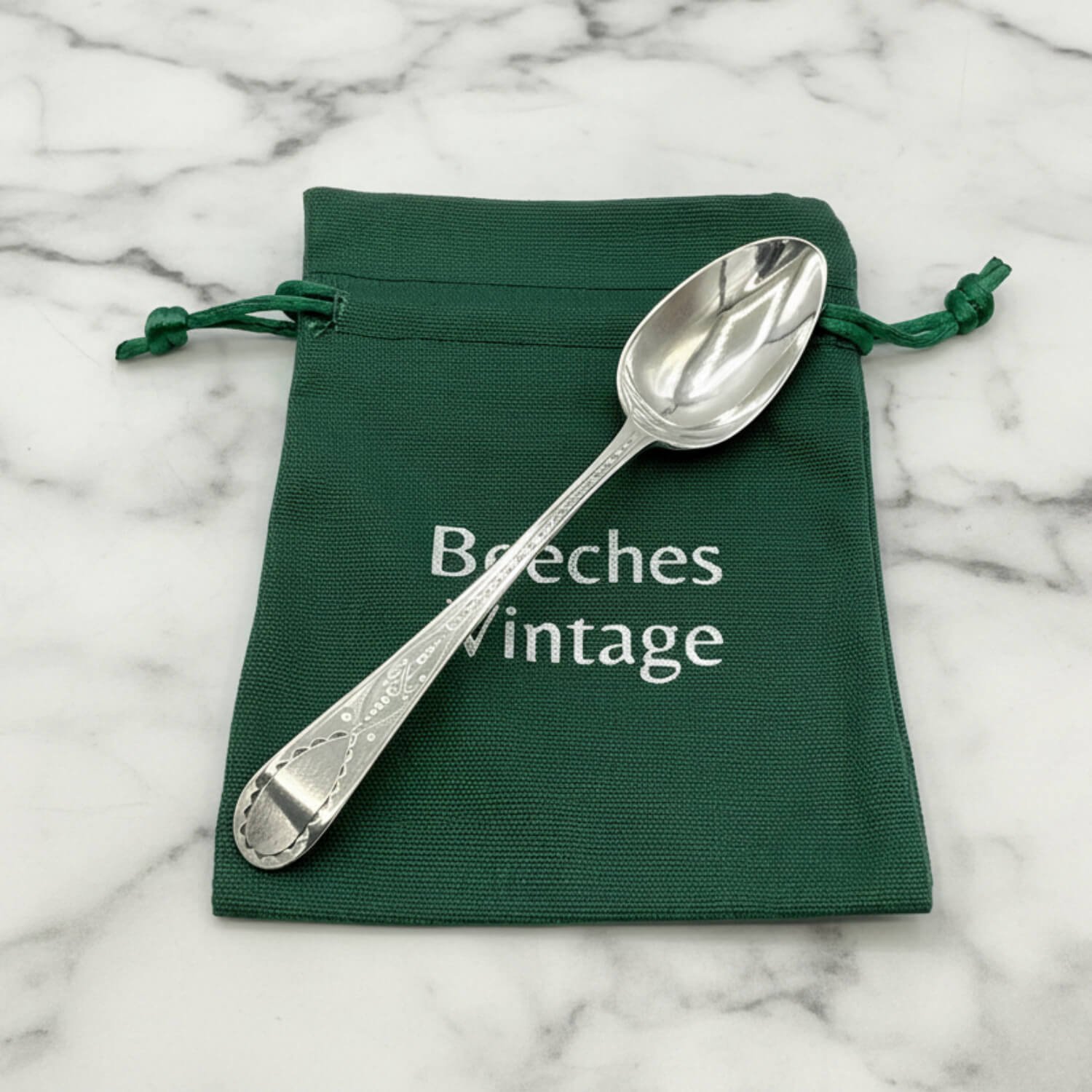 Antique Georgian sterling silver teaspoon hallmarked 1793, featuring intricate design, from Beeches Vintage.