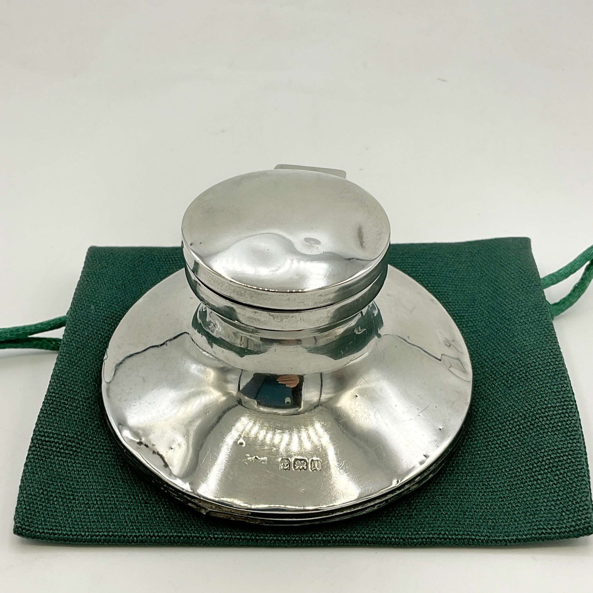 Antique small sterling silver inkwell by Beeches Vintage with detailed engraved design, vintage writing accessory.