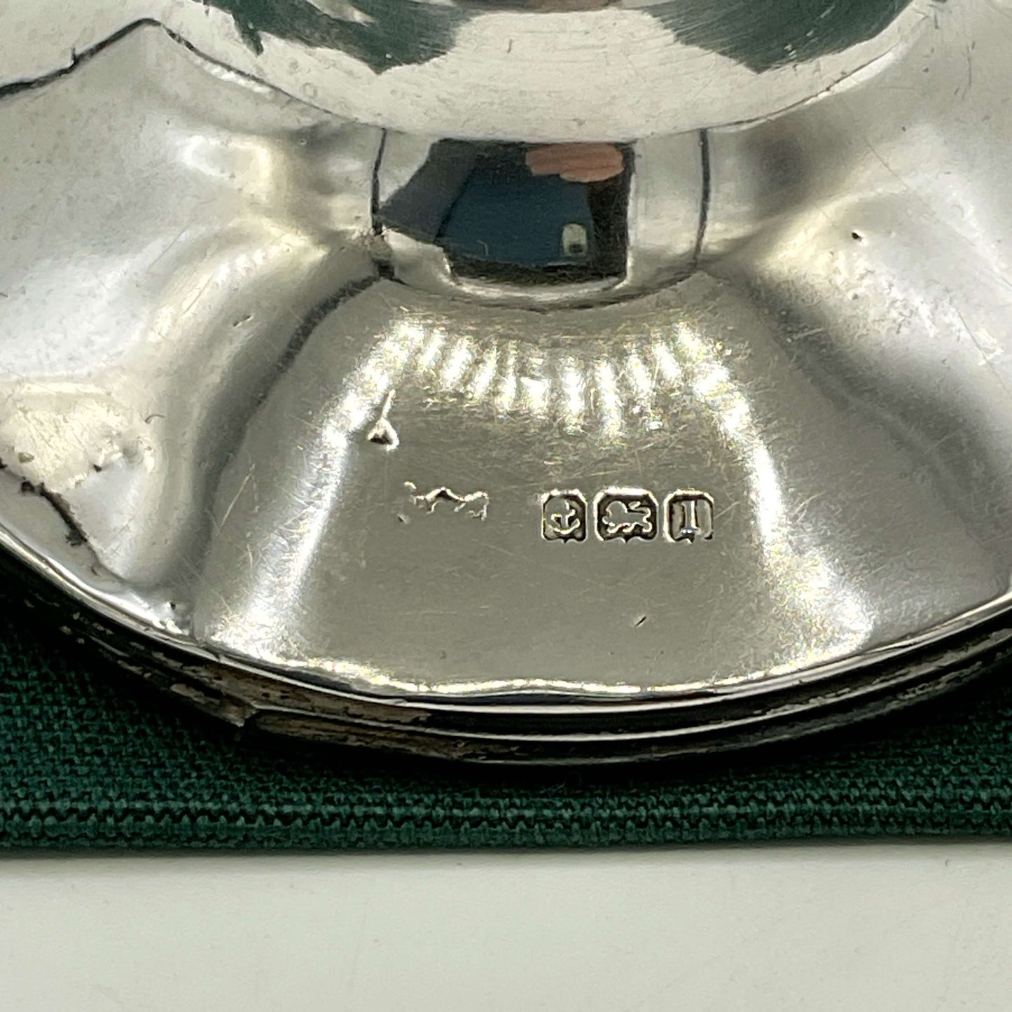 Antique small sterling silver inkwell with ornate design, by Beeches Vintage, showcasing classic craftsmanship and detailed metalwork.
