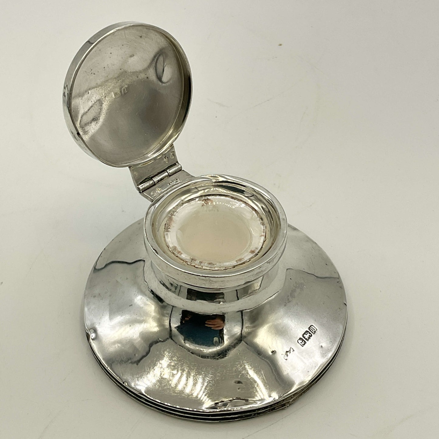 Small antique sterling silver inkwell by Beeches Vintage, featuring intricate detailing and classic design.