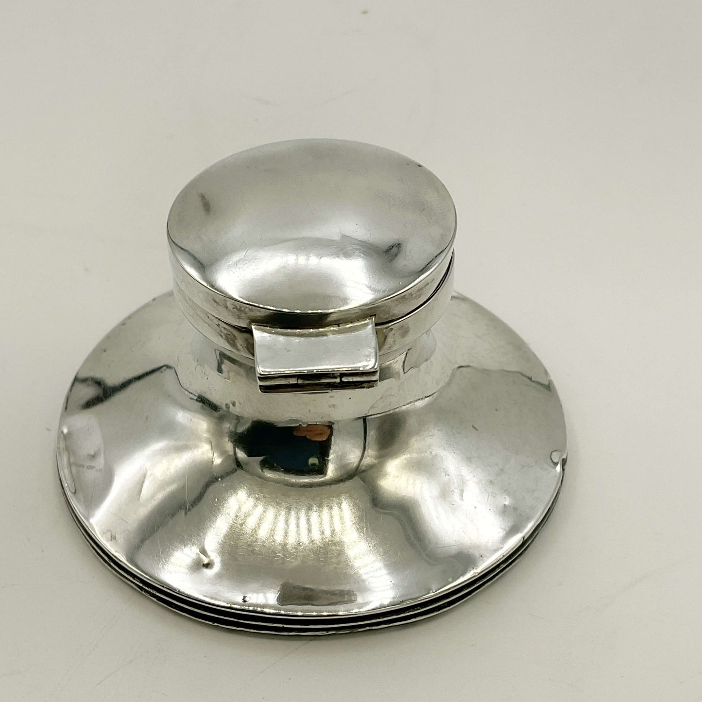 Antique small sterling silver inkwell with intricate design, crafted by Beeches Vintage.