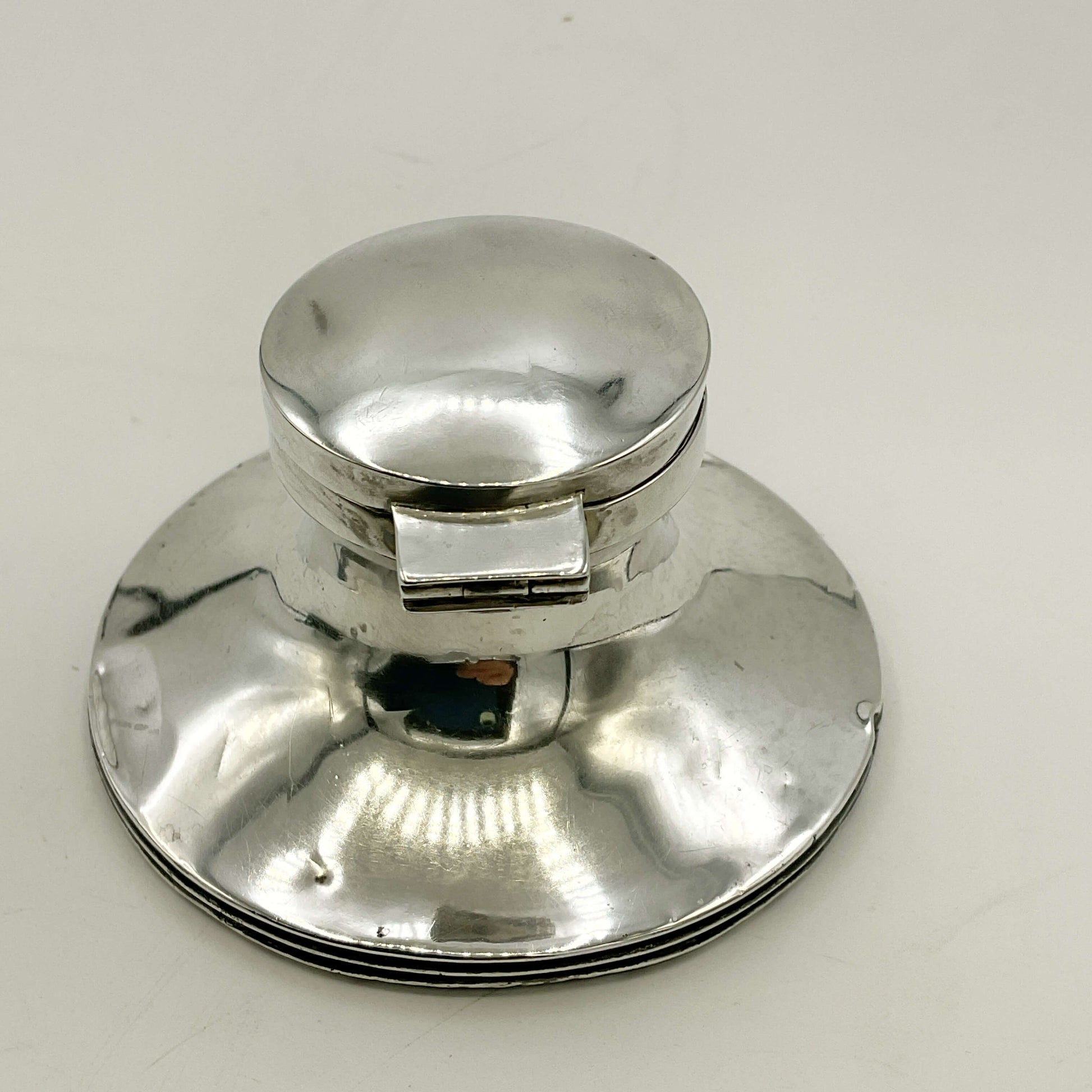 Antique small sterling silver inkwell with intricate design, crafted by Beeches Vintage.