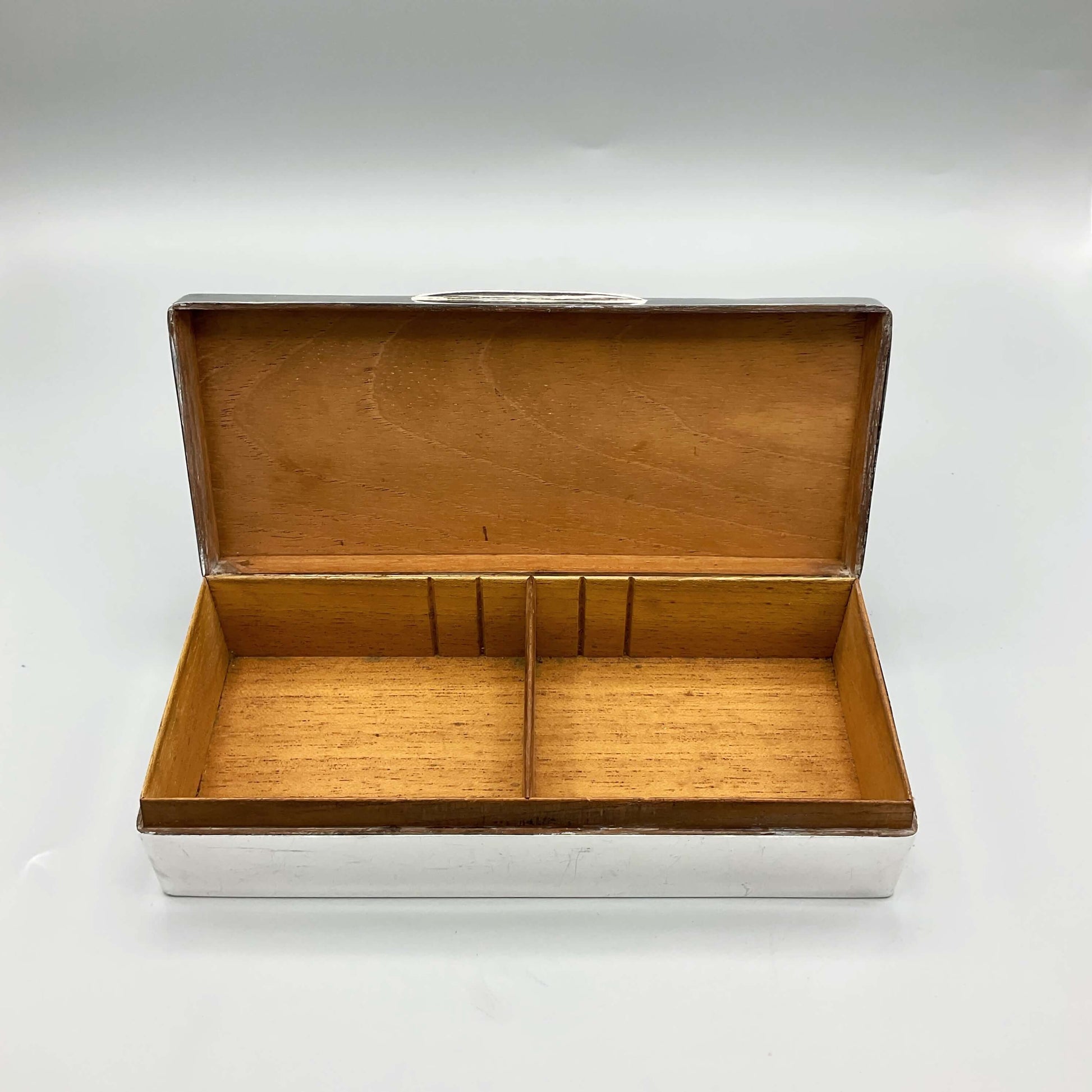 large antique cigar or cigarette box with lid open showing a fully lined wood interior