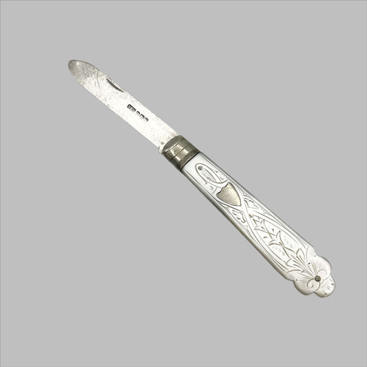 Vintage silver fruit knife with a beautifully engraved mother of pearl handle