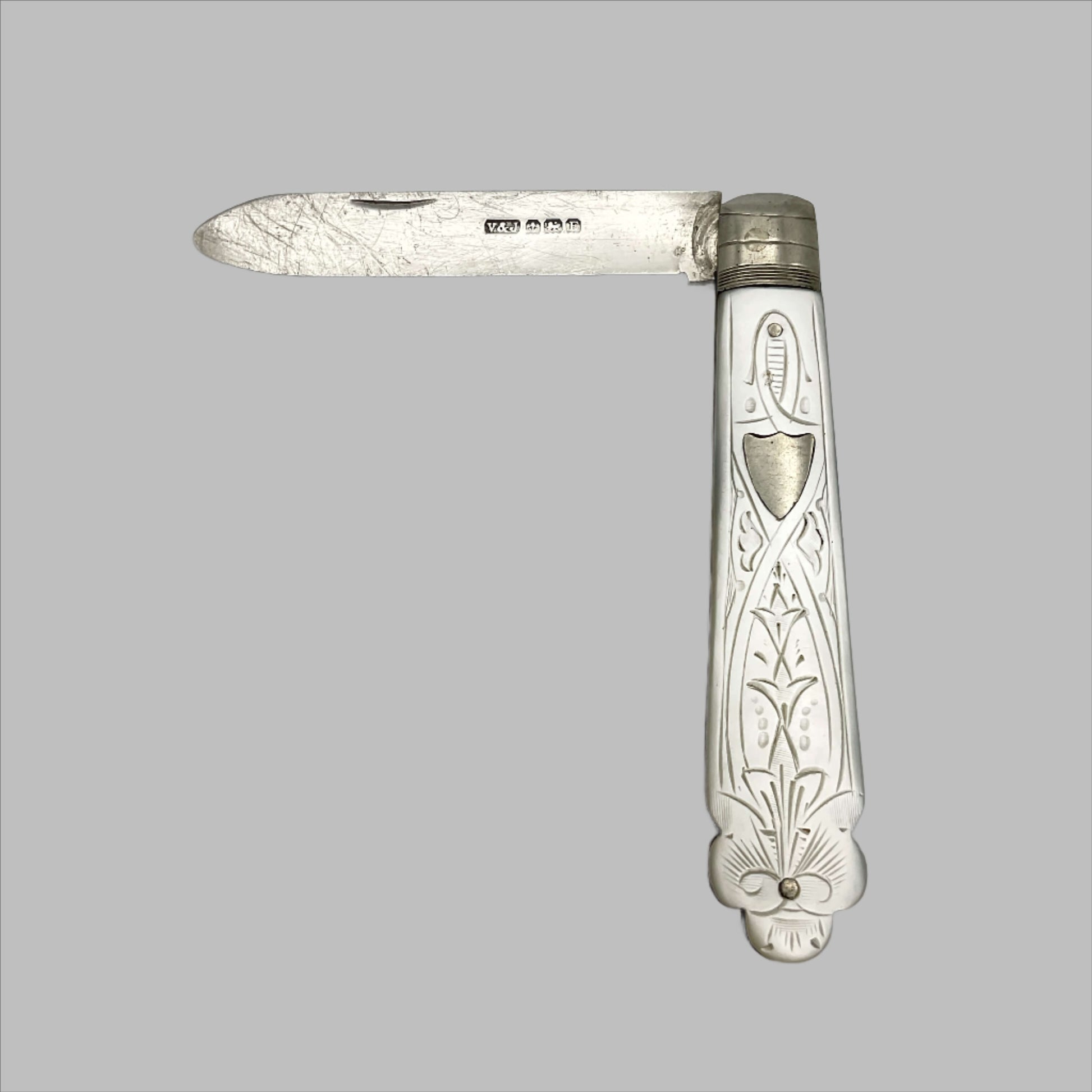 Vintage silver fruit knife with a beautifully engraved mother of pearl handle