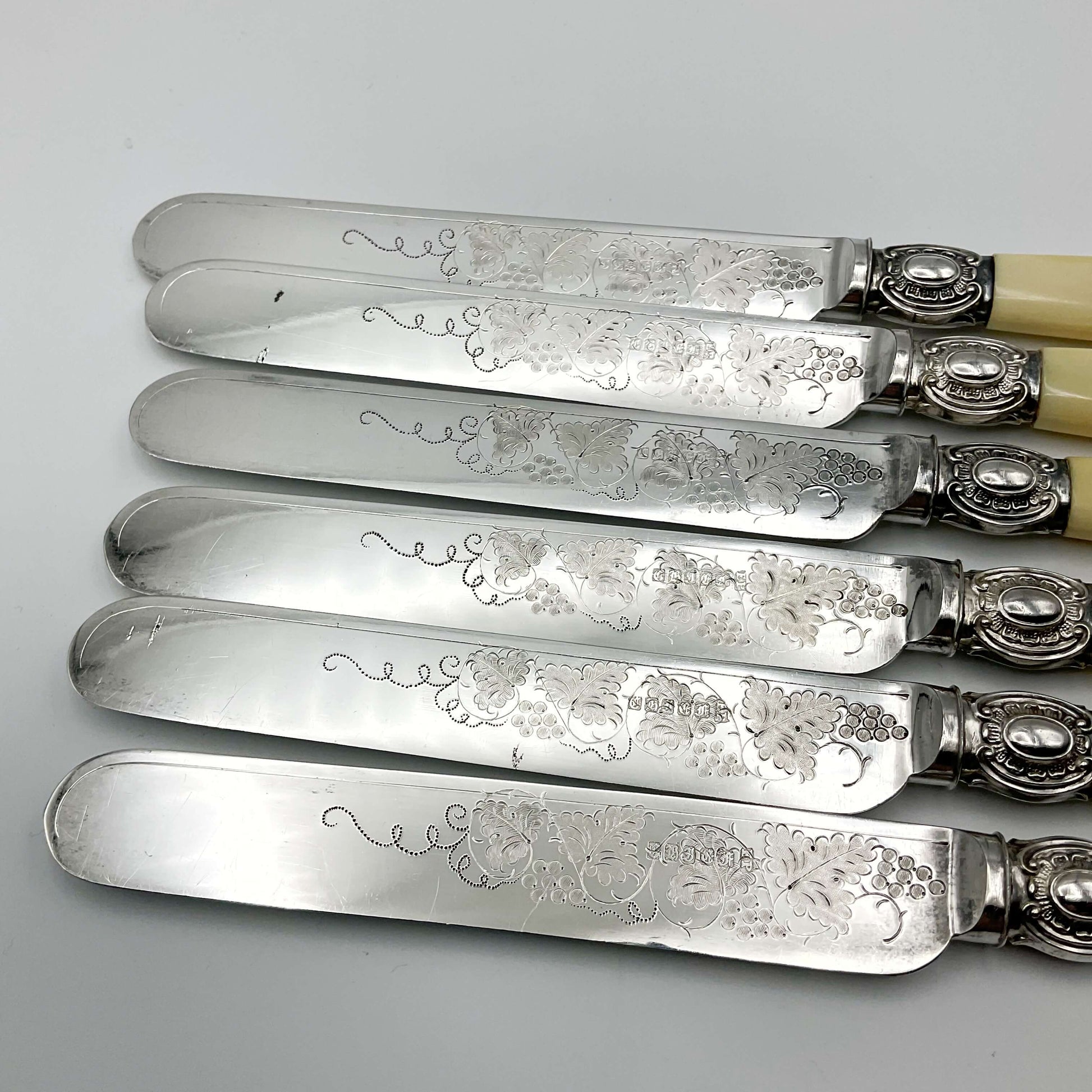 Shiny silver plated round knife blades with a grape and vine engraved design