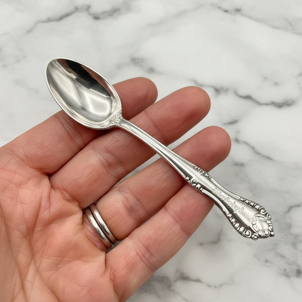 spoon with Raleigh engraved held in a hand with a marble background