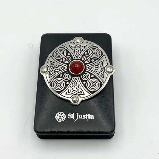 St Justin Carnelian and Pewter Celtic Shield Brooch