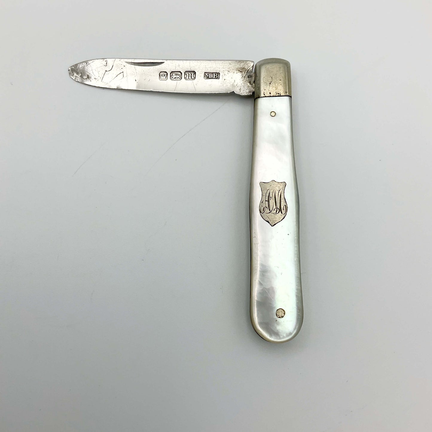 Cuchillo para fruta antiguo de plata de ley de 1904