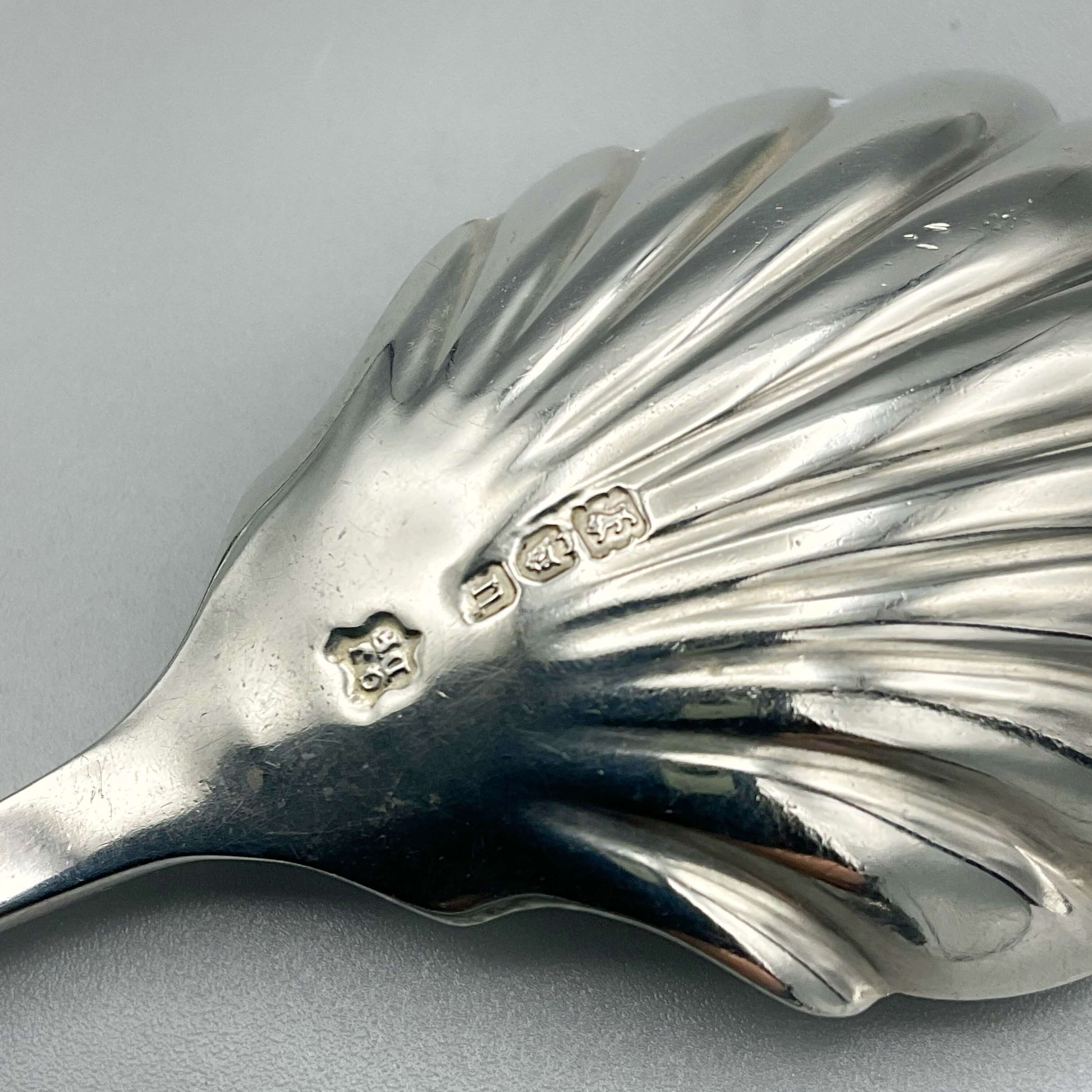 Back of caddy spoon showing makers mark and hallmarks