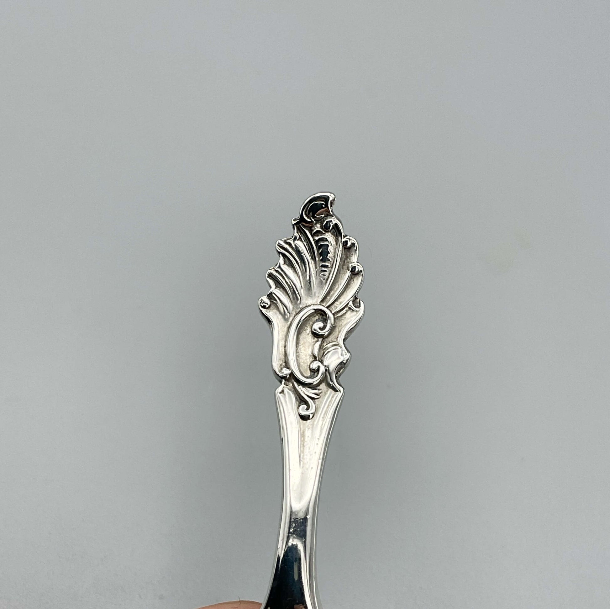 Beautiful detailing on silver caddy spoon handle