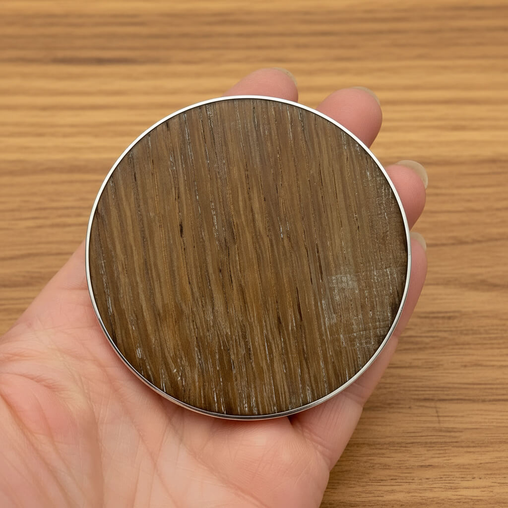 wood base held in a hand with a wood table background