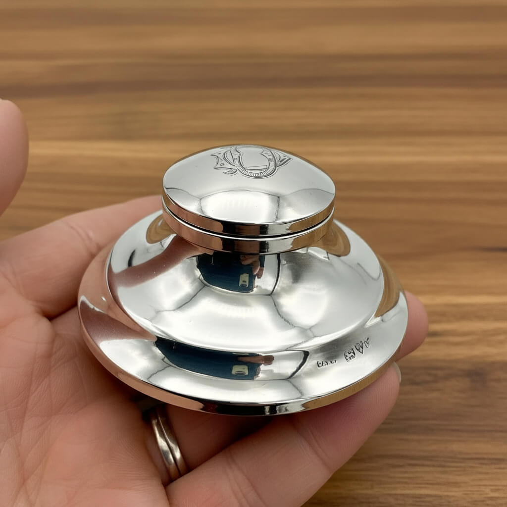 inkwell in hand with a wood table background