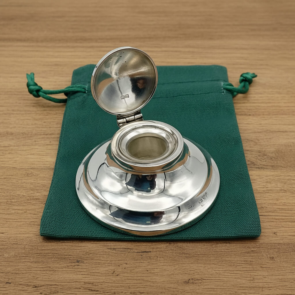 silver inkwell with the lid open on a green cloth bag and wood 