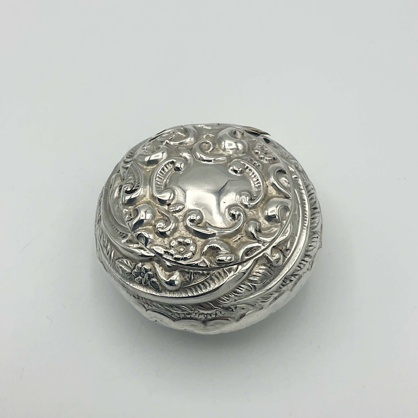 Antique 1902 Embossed Solid Silver Pill Box