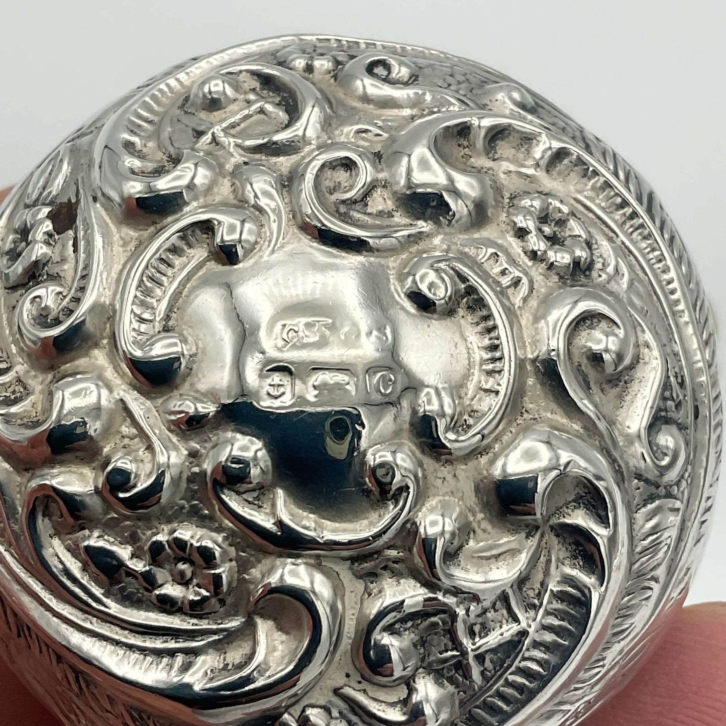 Antique 1902 Embossed Solid Silver Pill Box