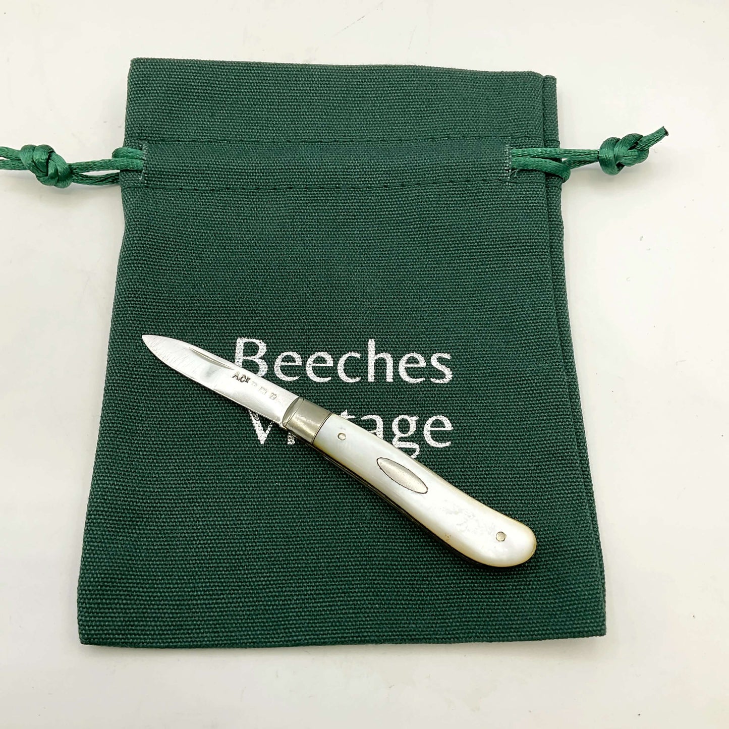 Silver bladed fruit knife with a mother of Pearl handle on a green gift bag