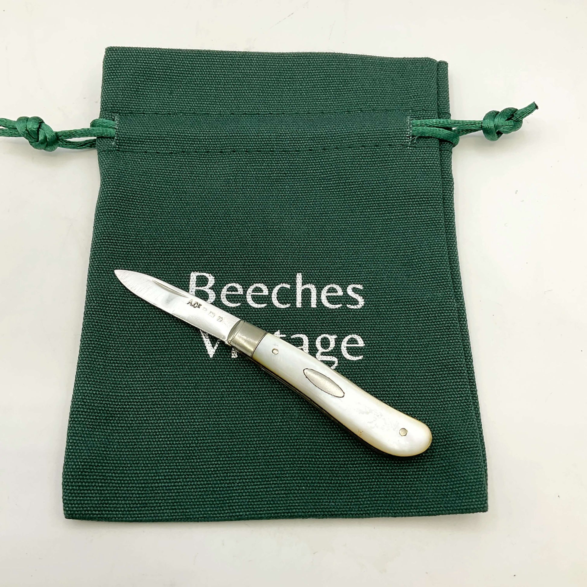 Silver bladed fruit knife with a mother of Pearl handle on a green gift bag