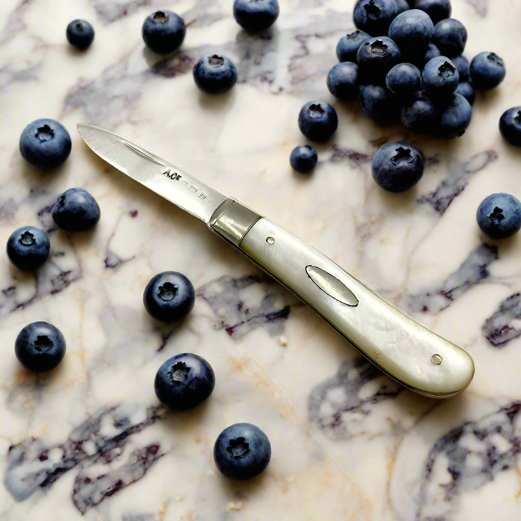 Silver bladed fruit knife with a mother of Pearl handle on a mr workbench surrounded by blueberries 