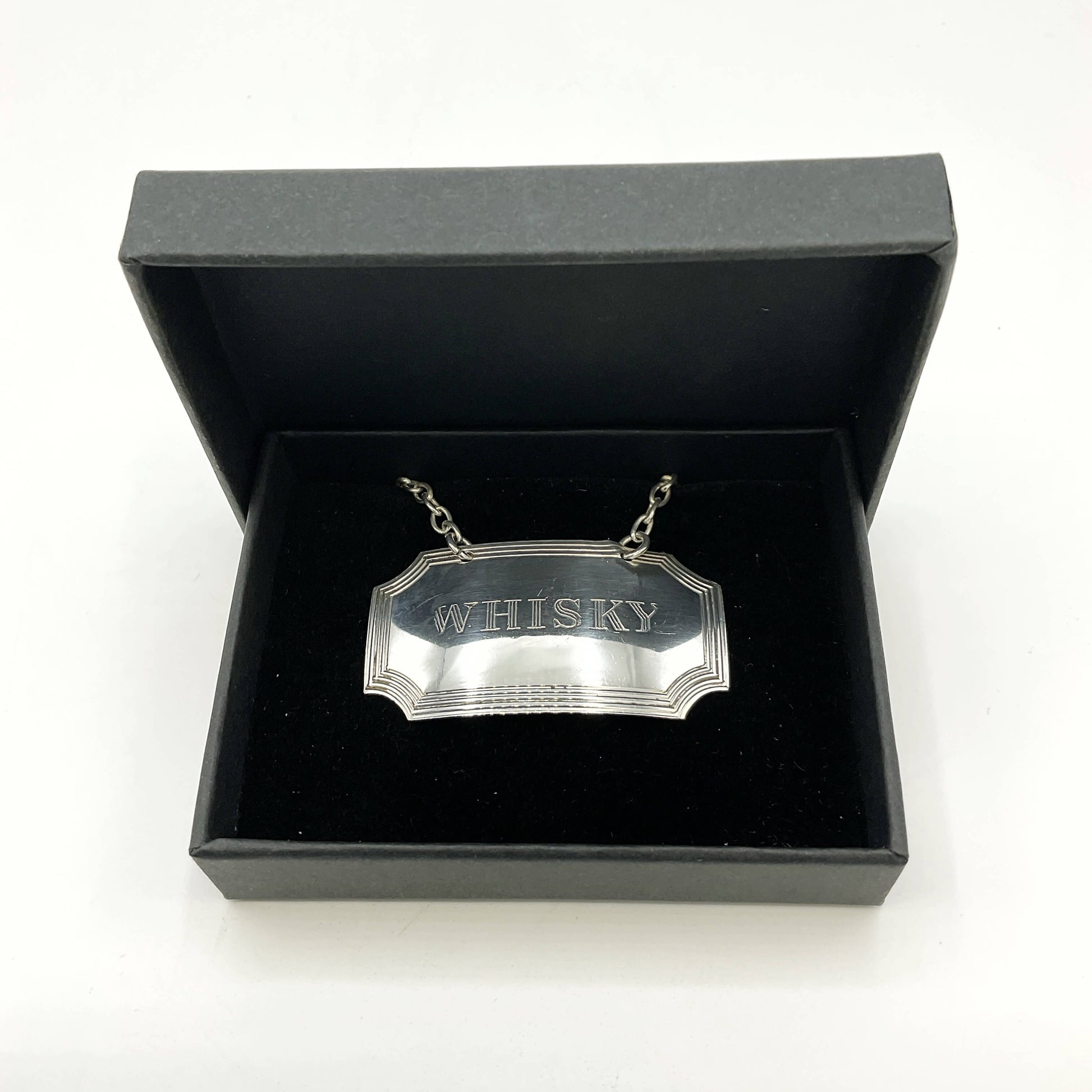 Silver Whisky decanter label inside a black Beeches Vintage presentation box on a white background 